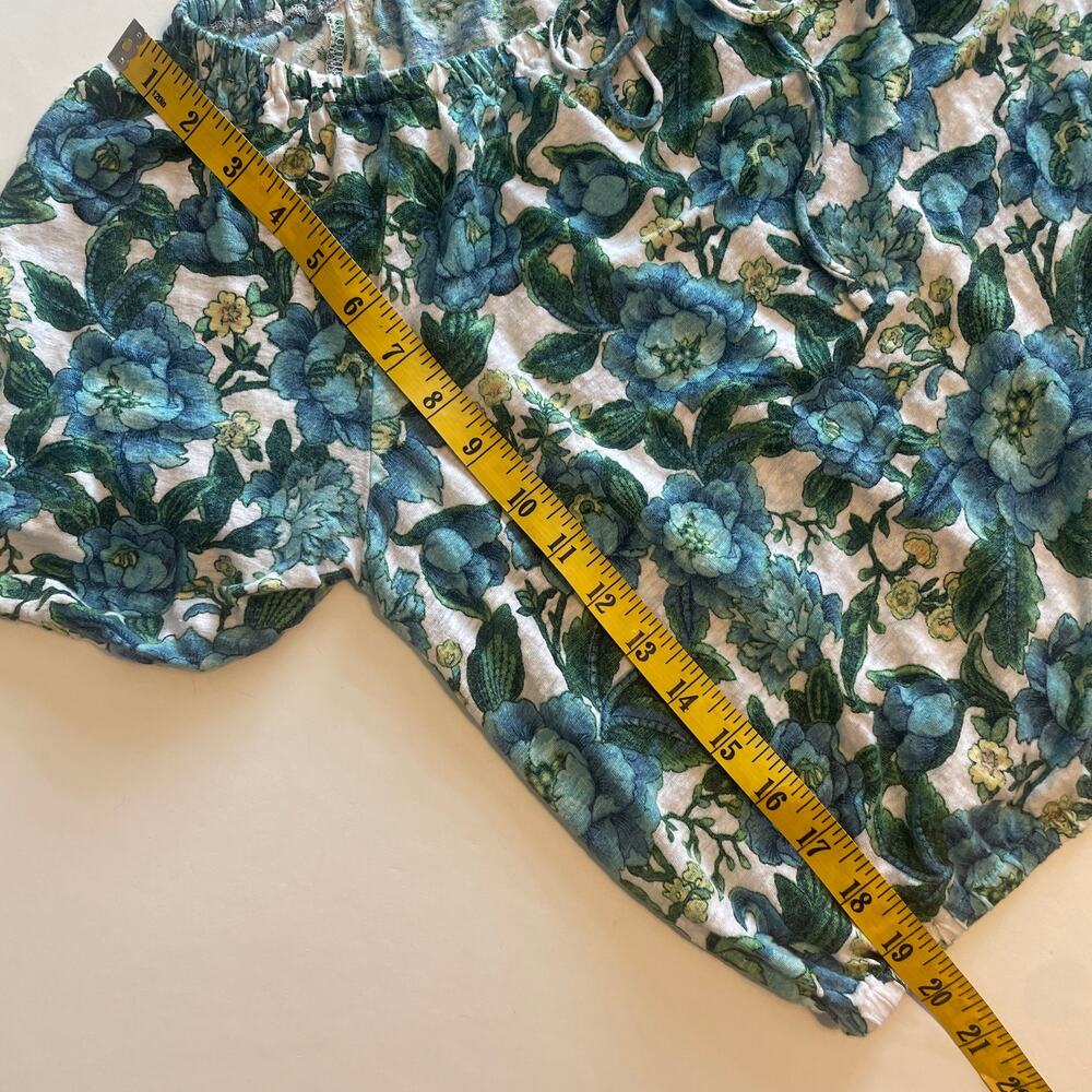 LOFT Floral Shirred Linen Top Womens Large Blue Green Bubble Hem Tee - Picture 9 of 9